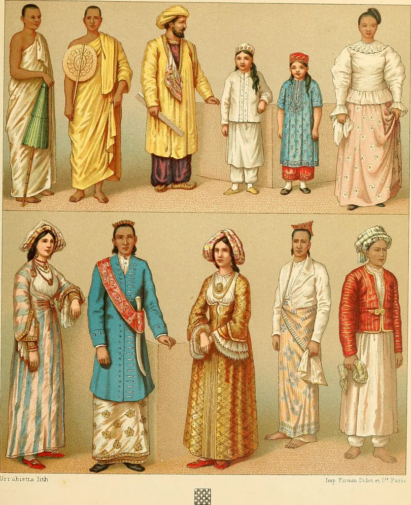 An illustration from Le costume historique. Cinq cents planches, trois cents en couleurs, or et argent, deux cents en camaieu. Types principaux du vêtement et de la parure, rapprochés de ceux de l'intérieur de l'habitation dans tous les temps et chez tous les peuples, avec de nombreux détails sur le mobilier, les armes, les objets usuels, les moyens de transport, etc, 1888, leaf 158