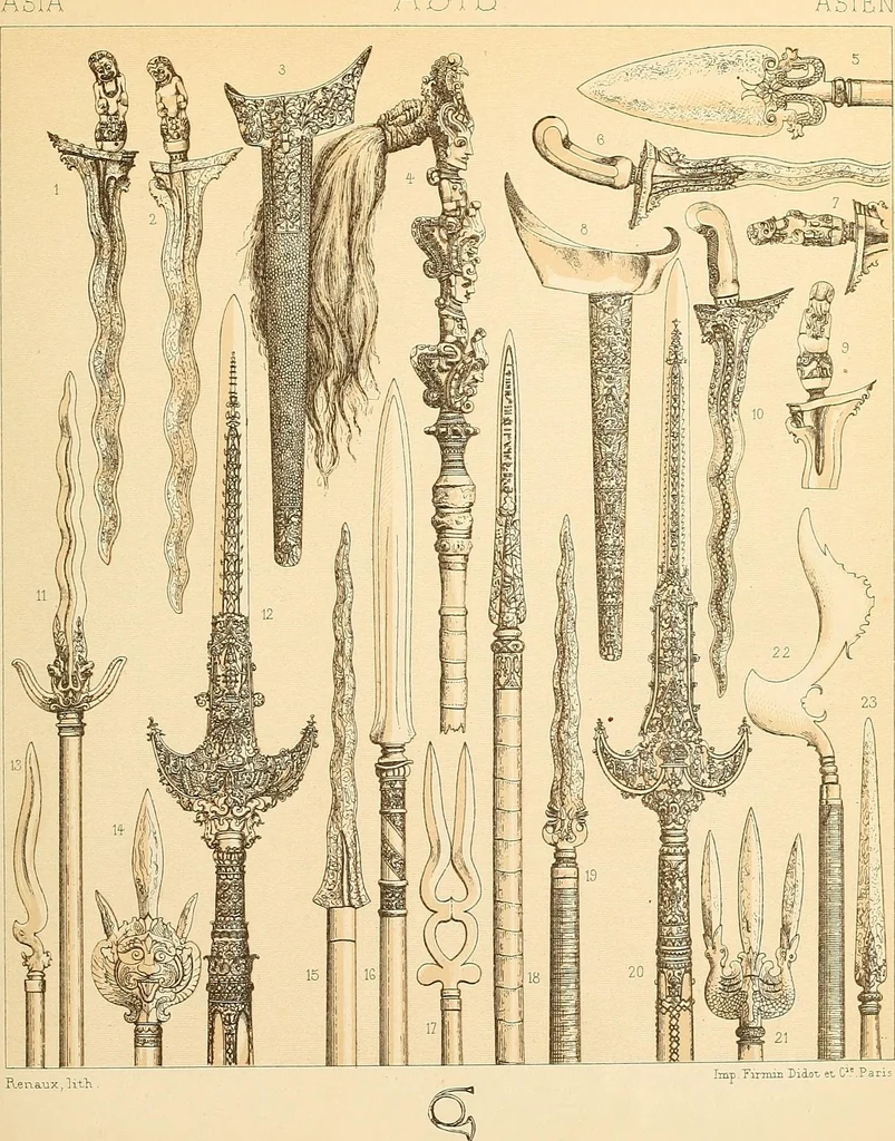 An illustration from Le costume historique. Cinq cents planches, trois cents en couleurs, or et argent, deux cents en camaieu. Types principaux du vêtement et de la parure, rapprochés de ceux de l'intérieur de l'habitation dans tous les temps et chez tous les peuples, avec de nombreux détails sur le mobilier, les armes, les objets usuels, les moyens de transport, etc, 1888, leaf 166