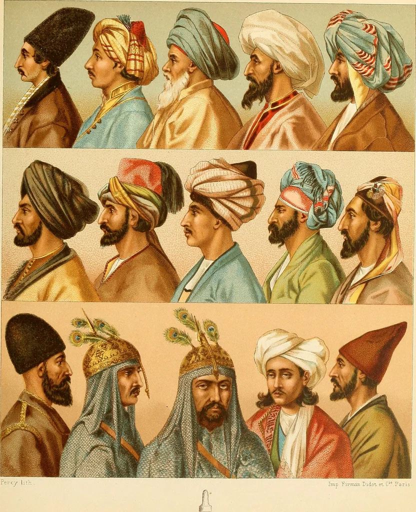 An illustration from Le costume historique. Cinq cents planches, trois cents en couleurs, or et argent, deux cents en camaieu. Types principaux du vêtement et de la parure, rapprochés de ceux de l'intérieur de l'habitation dans tous les temps et chez tous les peuples, avec de nombreux détails sur le mobilier, les armes, les objets usuels, les moyens de transport, etc, 1888, leaf 170