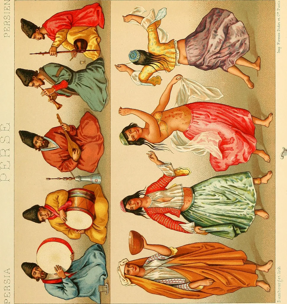 An illustration from Le costume historique. Cinq cents planches, trois cents en couleurs, or et argent, deux cents en camaieu. Types principaux du vêtement et de la parure, rapprochés de ceux de l'intérieur de l'habitation dans tous les temps et chez tous les peuples, avec de nombreux détails sur le mobilier, les armes, les objets usuels, les moyens de transport, etc, 1888, leaf 188