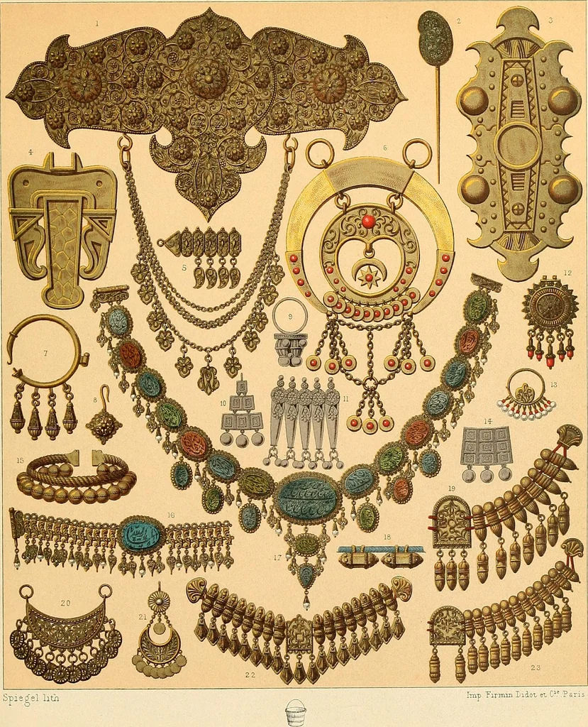 An illustration from Le costume historique. Cinq cents planches, trois cents en couleurs, or et argent, deux cents en camaieu. Types principaux du vêtement et de la parure, rapprochés de ceux de l'intérieur de l'habitation dans tous les temps et chez tous les peuples, avec de nombreux détails sur le mobilier, les armes, les objets usuels, les moyens de transport, etc, 1888, leaf 192