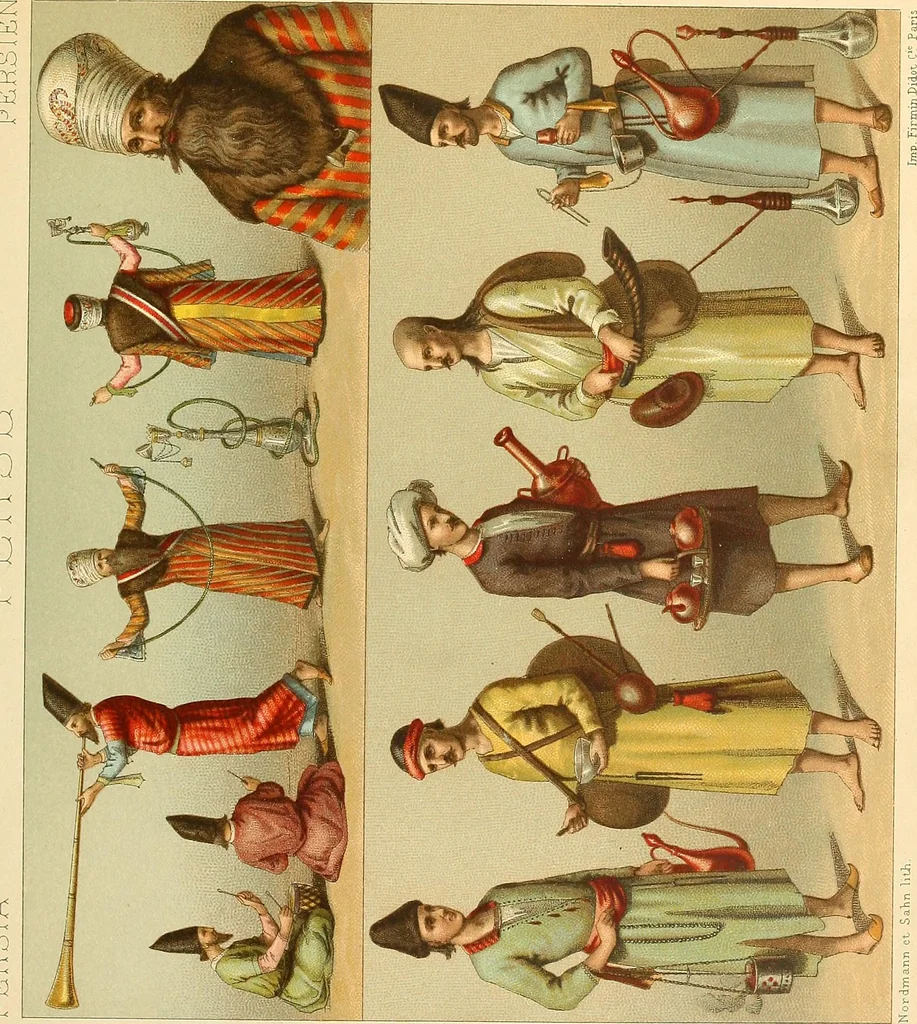 An illustration from Le costume historique. Cinq cents planches, trois cents en couleurs, or et argent, deux cents en camaieu. Types principaux du vêtement et de la parure, rapprochés de ceux de l'intérieur de l'habitation dans tous les temps et chez tous les peuples, avec de nombreux détails sur le mobilier, les armes, les objets usuels, les moyens de transport, etc, 1888, leaf 198