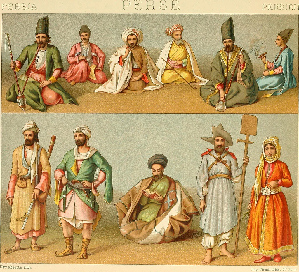 An illustration from Le costume historique. Cinq cents planches, trois cents en couleurs, or et argent, deux cents en camaieu. Types principaux du vêtement et de la parure, rapprochés de ceux de l'intérieur de l'habitation dans tous les temps et chez tous les peuples, avec de nombreux détails sur le mobilier, les armes, les objets usuels, les moyens de transport, etc, 1888, leaf 202
