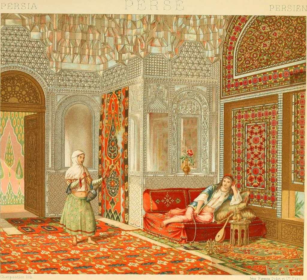 An illustration from Le costume historique. Cinq cents planches, trois cents en couleurs, or et argent, deux cents en camaieu. Types principaux du vêtement et de la parure, rapprochés de ceux de l'intérieur de l'habitation dans tous les temps et chez tous les peuples, avec de nombreux détails sur le mobilier, les armes, les objets usuels, les moyens de transport, etc, 1888, leaf 206