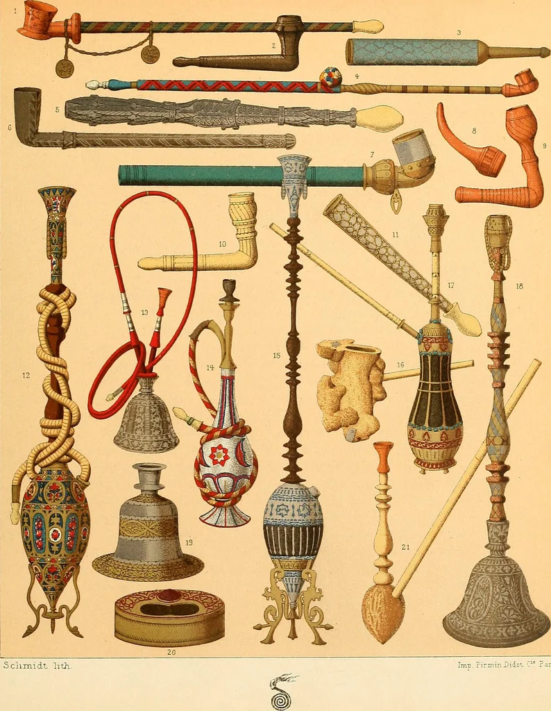 An illustration from Le costume historique. Cinq cents planches, trois cents en couleurs, or et argent, deux cents en camaieu. Types principaux du vêtement et de la parure, rapprochés de ceux de l'intérieur de l'habitation dans tous les temps et chez tous les peuples, avec de nombreux détails sur le mobilier, les armes, les objets usuels, les moyens de transport, etc, 1888, leaf 210