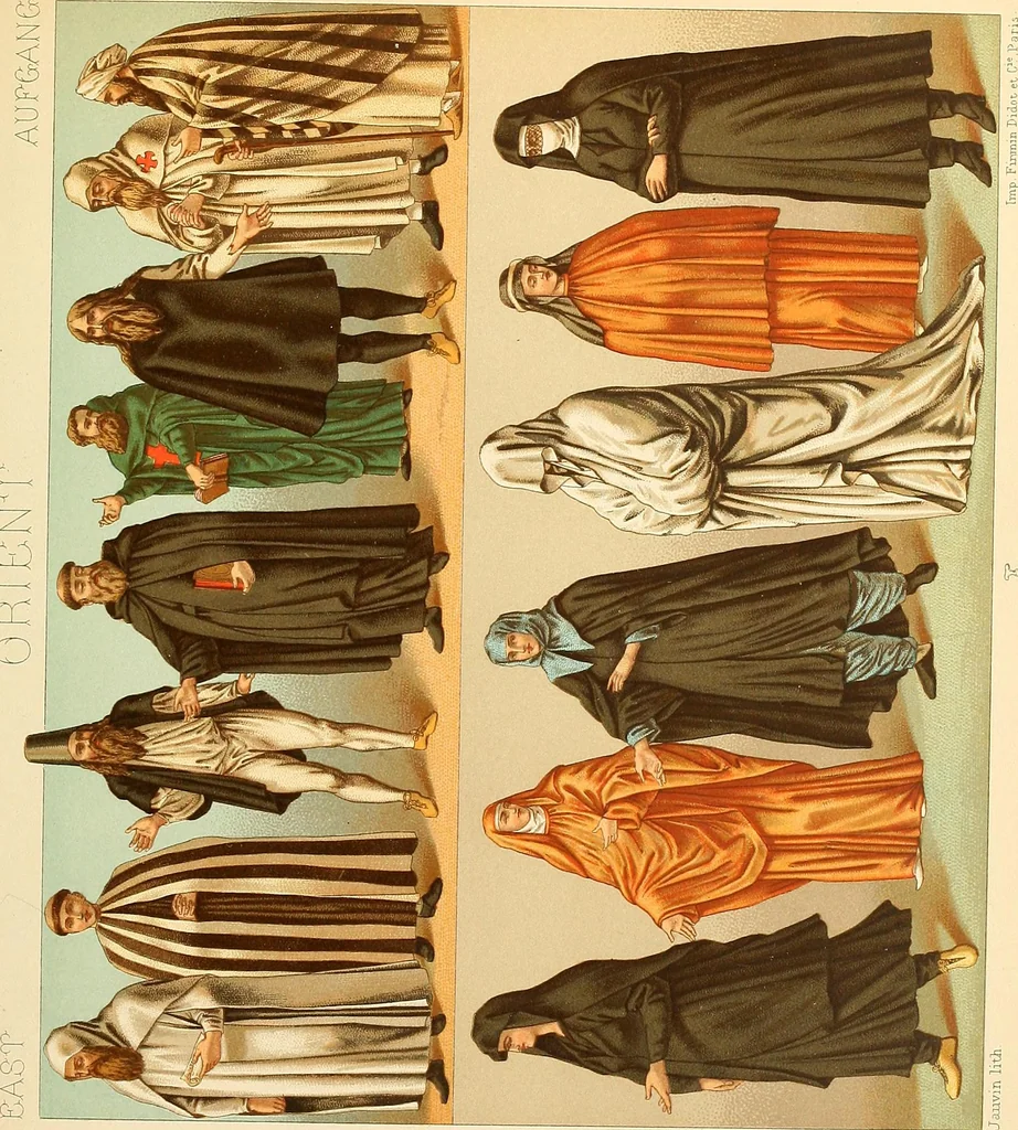 An illustration from Le costume historique. Cinq cents planches, trois cents en couleurs, or et argent, deux cents en camaieu. Types principaux du vêtement et de la parure, rapprochés de ceux de l'intérieur de l'habitation dans tous les temps et chez tous les peuples, avec de nombreux détails sur le mobilier, les armes, les objets usuels, les moyens de transport, etc, 1888, leaf 224