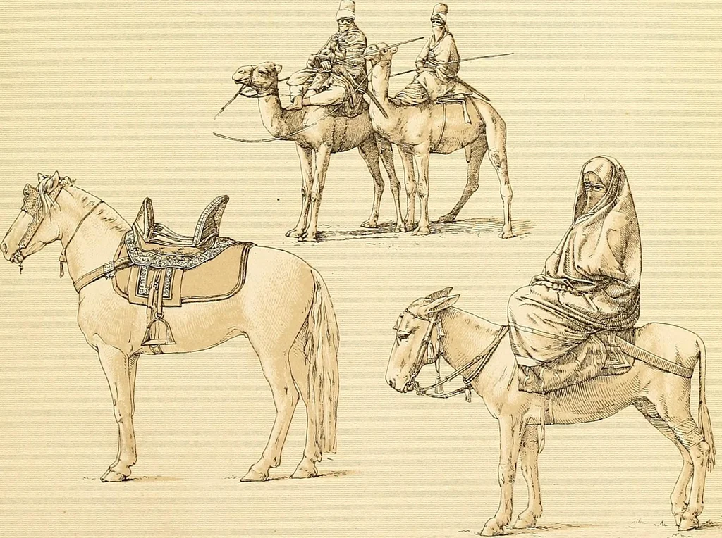 An illustration from Le costume historique. Cinq cents planches, trois cents en couleurs, or et argent, deux cents en camaieu. Types principaux du vêtement et de la parure, rapprochés de ceux de l'intérieur de l'habitation dans tous les temps et chez tous les peuples, avec de nombreux détails sur le mobilier, les armes, les objets usuels, les moyens de transport, etc, 1888, leaf 234