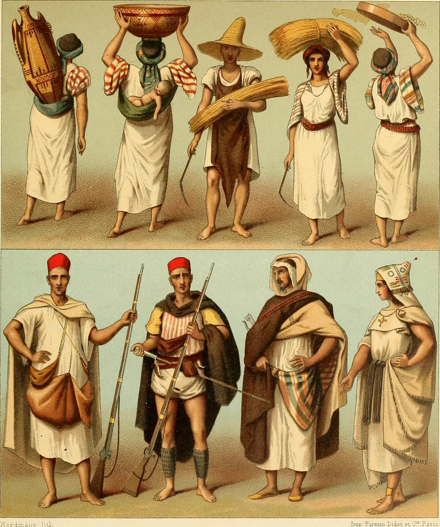 An illustration from Le costume historique. Cinq cents planches, trois cents en couleurs, or et argent, deux cents en camaieu. Types principaux du vêtement et de la parure, rapprochés de ceux de l'intérieur de l'habitation dans tous les temps et chez tous les peuples, avec de nombreux détails sur le mobilier, les armes, les objets usuels, les moyens de transport, etc, 1888, leaf 238