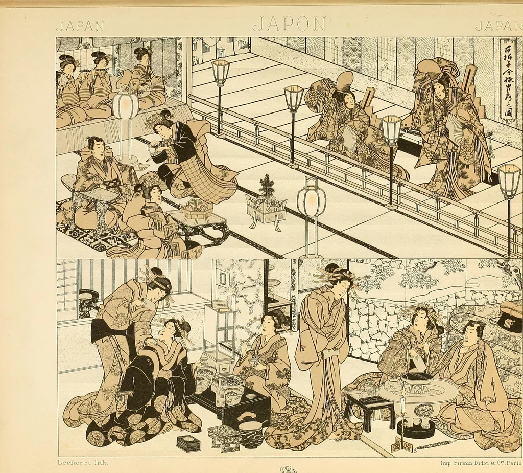An illustration from Le costume historique. Cinq cents planches, trois cents en couleurs, or et argent, deux cents en camaieu. Types principaux du vêtement et de la parure, rapprochés de ceux de l'intérieur de l'habitation dans tous les temps et chez tous les peuples, avec de nombreux détails sur le mobilier, les armes, les objets usuels, les moyens de transport, etc, 1888, leaf 24