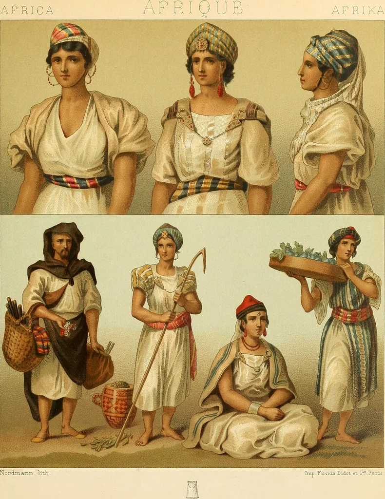 An illustration from Le costume historique. Cinq cents planches, trois cents en couleurs, or et argent, deux cents en camaieu. Types principaux du vêtement et de la parure, rapprochés de ceux de l'intérieur de l'habitation dans tous les temps et chez tous les peuples, avec de nombreux détails sur le mobilier, les armes, les objets usuels, les moyens de transport, etc, 1888, leaf 244