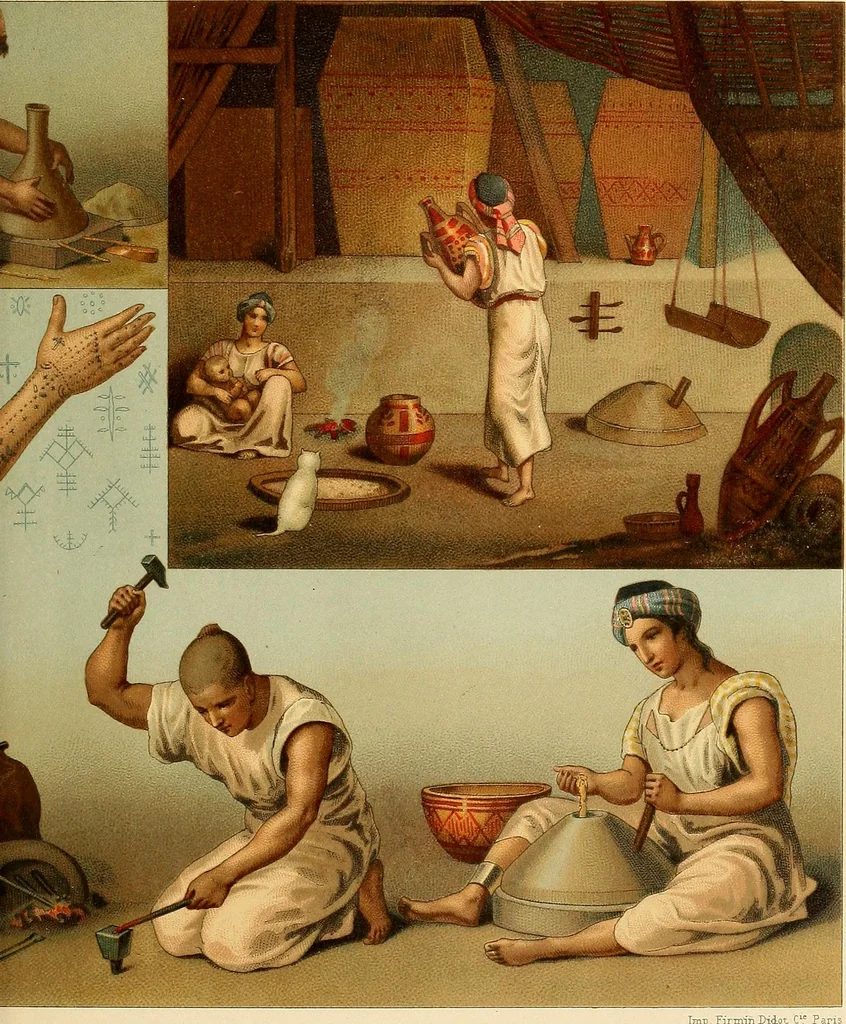 An illustration from Le costume historique. Cinq cents planches, trois cents en couleurs, or et argent, deux cents en camaieu. Types principaux du vêtement et de la parure, rapprochés de ceux de l'intérieur de l'habitation dans tous les temps et chez tous les peuples, avec de nombreux détails sur le mobilier, les armes, les objets usuels, les moyens de transport, etc, 1888, leaf 250