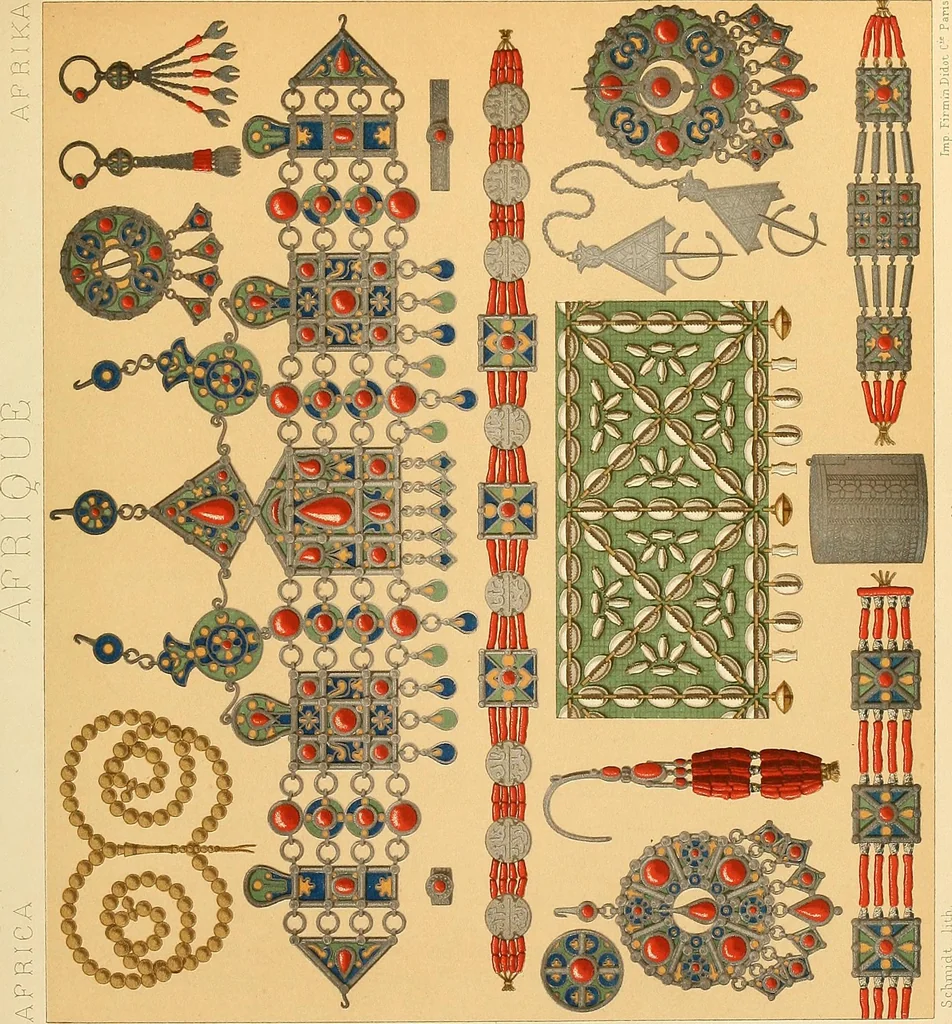 An illustration from Le costume historique. Cinq cents planches, trois cents en couleurs, or et argent, deux cents en camaieu. Types principaux du vêtement et de la parure, rapprochés de ceux de l'intérieur de l'habitation dans tous les temps et chez tous les peuples, avec de nombreux détails sur le mobilier, les armes, les objets usuels, les moyens de transport, etc, 1888, leaf 256