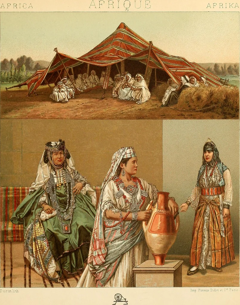 An illustration from Le costume historique. Cinq cents planches, trois cents en couleurs, or et argent, deux cents en camaieu. Types principaux du vêtement et de la parure, rapprochés de ceux de l'intérieur de l'habitation dans tous les temps et chez tous les peuples, avec de nombreux détails sur le mobilier, les armes, les objets usuels, les moyens de transport, etc, 1888, leaf 262