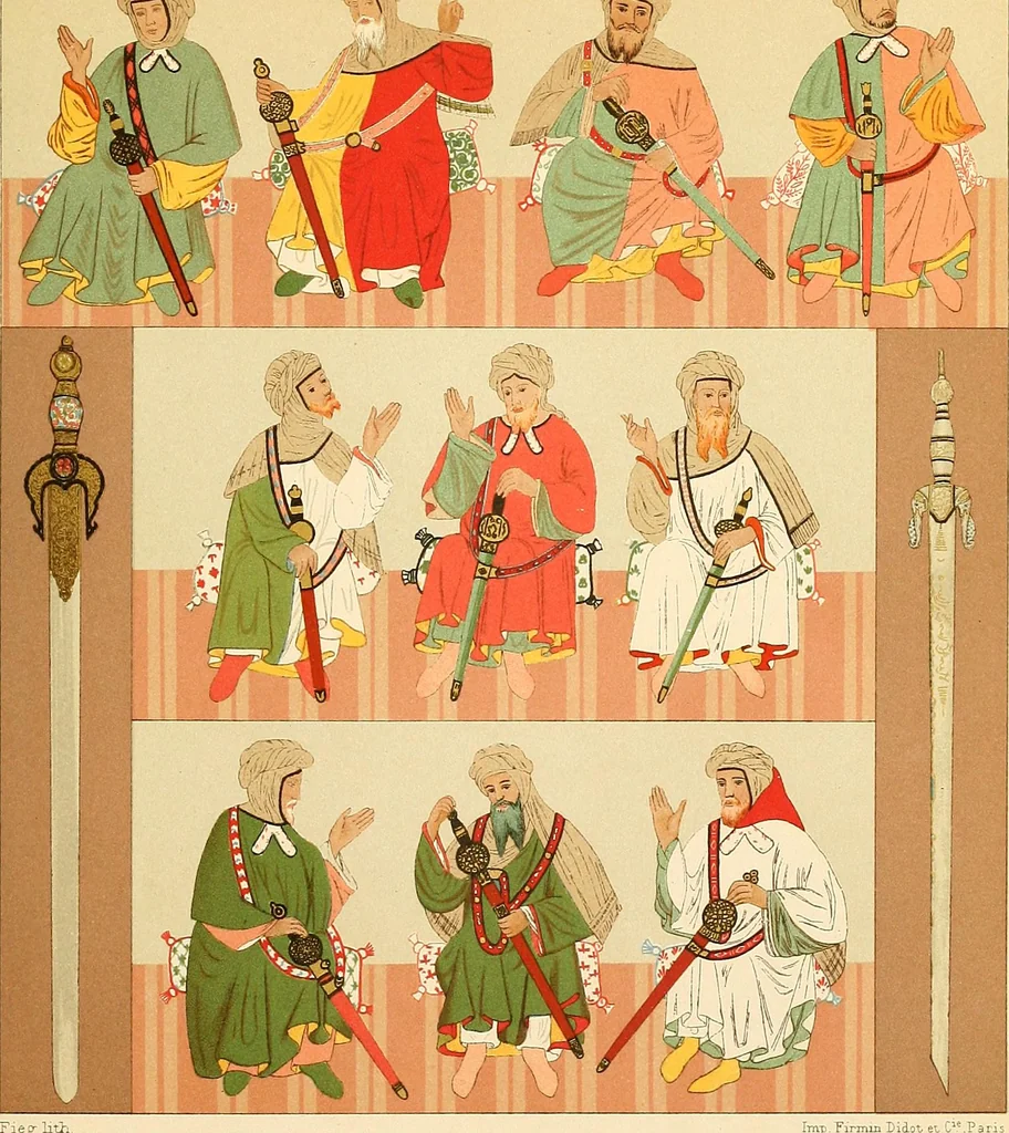An illustration from Le costume historique. Cinq cents planches, trois cents en couleurs, or et argent, deux cents en camaieu. Types principaux du vêtement et de la parure, rapprochés de ceux de l'intérieur de l'habitation dans tous les temps et chez tous les peuples, avec de nombreux détails sur le mobilier, les armes, les objets usuels, les moyens de transport, etc, 1888, leaf 270