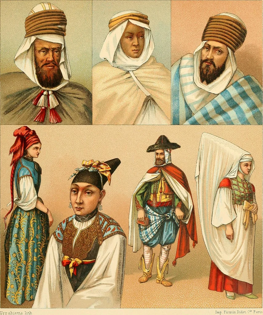 An illustration from Le costume historique. Cinq cents planches, trois cents en couleurs, or et argent, deux cents en camaieu. Types principaux du vêtement et de la parure, rapprochés de ceux de l'intérieur de l'habitation dans tous les temps et chez tous les peuples, avec de nombreux détails sur le mobilier, les armes, les objets usuels, les moyens de transport, etc, 1888, leaf 274