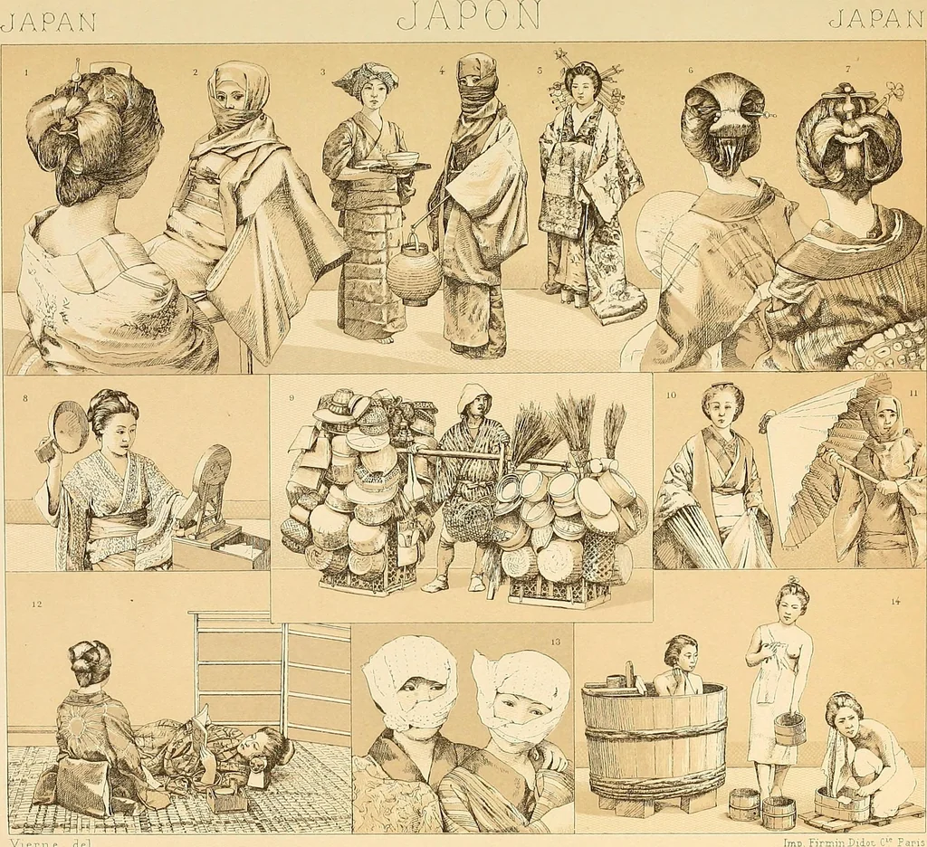 An illustration from Le costume historique. Cinq cents planches, trois cents en couleurs, or et argent, deux cents en camaieu. Types principaux du vêtement et de la parure, rapprochés de ceux de l'intérieur de l'habitation dans tous les temps et chez tous les peuples, avec de nombreux détails sur le mobilier, les armes, les objets usuels, les moyens de transport, etc, 1888, leaf 28