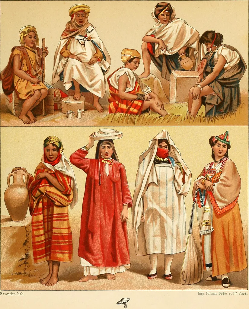 An illustration from Le costume historique. Cinq cents planches, trois cents en couleurs, or et argent, deux cents en camaieu. Types principaux du vêtement et de la parure, rapprochés de ceux de l'intérieur de l'habitation dans tous les temps et chez tous les peuples, avec de nombreux détails sur le mobilier, les armes, les objets usuels, les moyens de transport, etc, 1888, leaf 290