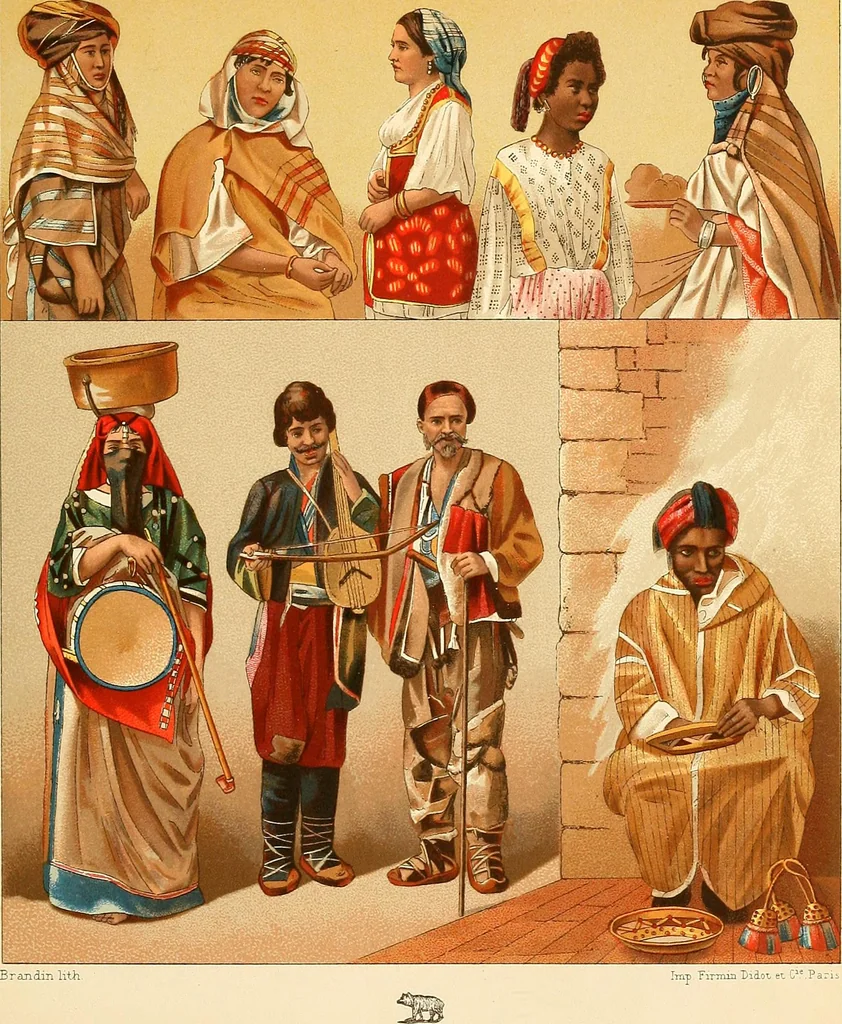 An illustration from Le costume historique. Cinq cents planches, trois cents en couleurs, or et argent, deux cents en camaieu. Types principaux du vêtement et de la parure, rapprochés de ceux de l'intérieur de l'habitation dans tous les temps et chez tous les peuples, avec de nombreux détails sur le mobilier, les armes, les objets usuels, les moyens de transport, etc, 1888, leaf 292