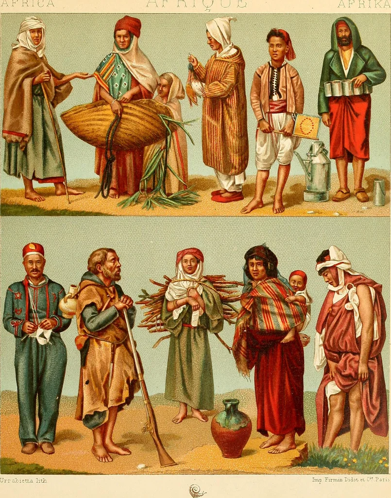 An illustration from Le costume historique. Cinq cents planches, trois cents en couleurs, or et argent, deux cents en camaieu. Types principaux du vêtement et de la parure, rapprochés de ceux de l'intérieur de l'habitation dans tous les temps et chez tous les peuples, avec de nombreux détails sur le mobilier, les armes, les objets usuels, les moyens de transport, etc, 1888, leaf 306