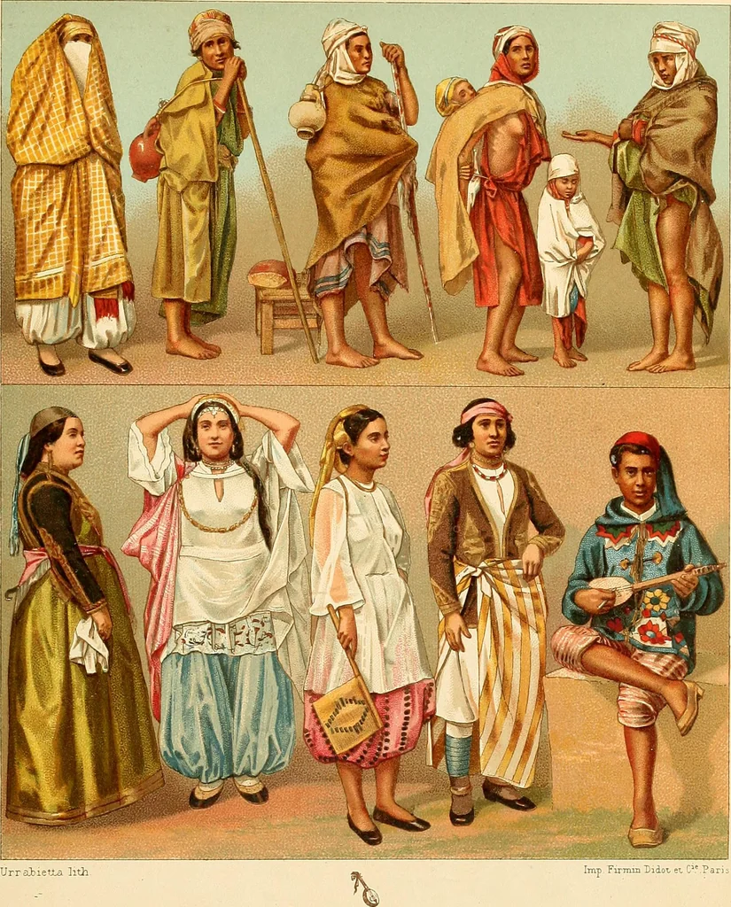 An illustration from Le costume historique. Cinq cents planches, trois cents en couleurs, or et argent, deux cents en camaieu. Types principaux du vêtement et de la parure, rapprochés de ceux de l'intérieur de l'habitation dans tous les temps et chez tous les peuples, avec de nombreux détails sur le mobilier, les armes, les objets usuels, les moyens de transport, etc, 1888, leaf 310