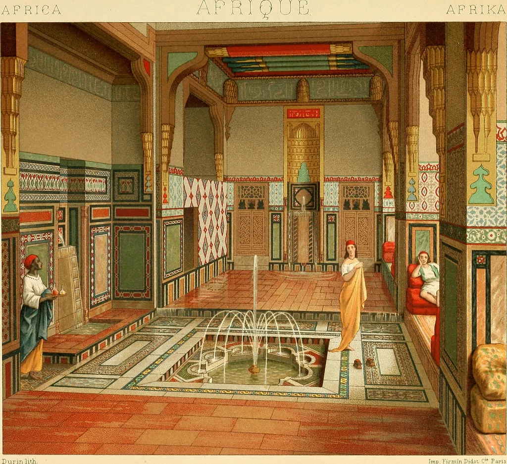 An illustration from Le costume historique. Cinq cents planches, trois cents en couleurs, or et argent, deux cents en camaieu. Types principaux du vêtement et de la parure, rapprochés de ceux de l'intérieur de l'habitation dans tous les temps et chez tous les peuples, avec de nombreux détails sur le mobilier, les armes, les objets usuels, les moyens de transport, etc, 1888, leaf 318