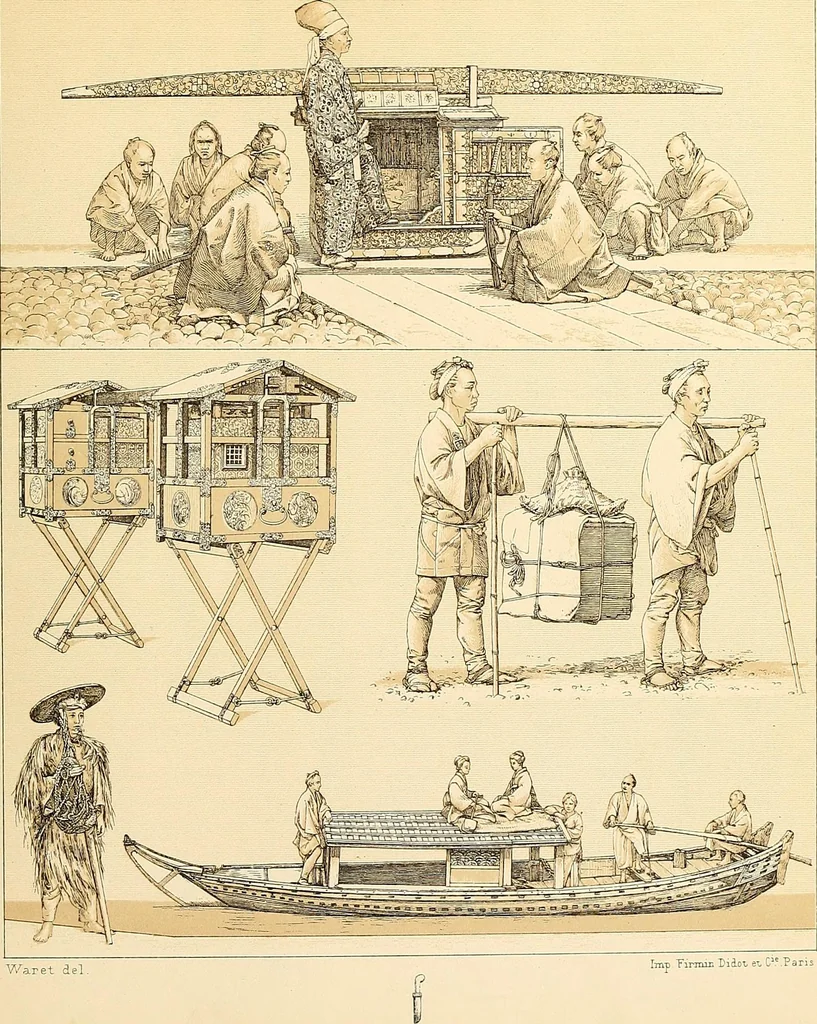 An illustration from Le costume historique. Cinq cents planches, trois cents en couleurs, or et argent, deux cents en camaieu. Types principaux du vêtement et de la parure, rapprochés de ceux de l'intérieur de l'habitation dans tous les temps et chez tous les peuples, avec de nombreux détails sur le mobilier, les armes, les objets usuels, les moyens de transport, etc, 1888, leaf 32