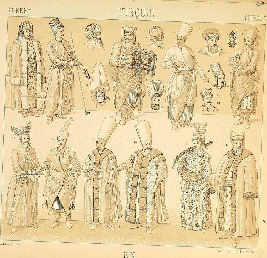 An illustration from Le costume historique. Cinq cents planches, trois cents en couleurs, or et argent, deux cents en camaieu. Types principaux du vêtement et de la parure, rapprochés de ceux de l'intérieur de l'habitation dans tous les temps et chez tous les peuples, avec de nombreux détails sur le mobilier, les armes, les objets usuels, les moyens de transport, etc, 1888, leaf 332