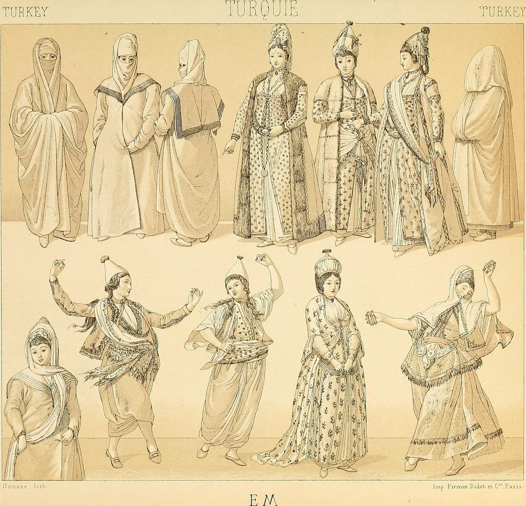 An illustration from Le costume historique. Cinq cents planches, trois cents en couleurs, or et argent, deux cents en camaieu. Types principaux du vêtement et de la parure, rapprochés de ceux de l'intérieur de l'habitation dans tous les temps et chez tous les peuples, avec de nombreux détails sur le mobilier, les armes, les objets usuels, les moyens de transport, etc, 1888, leaf 338