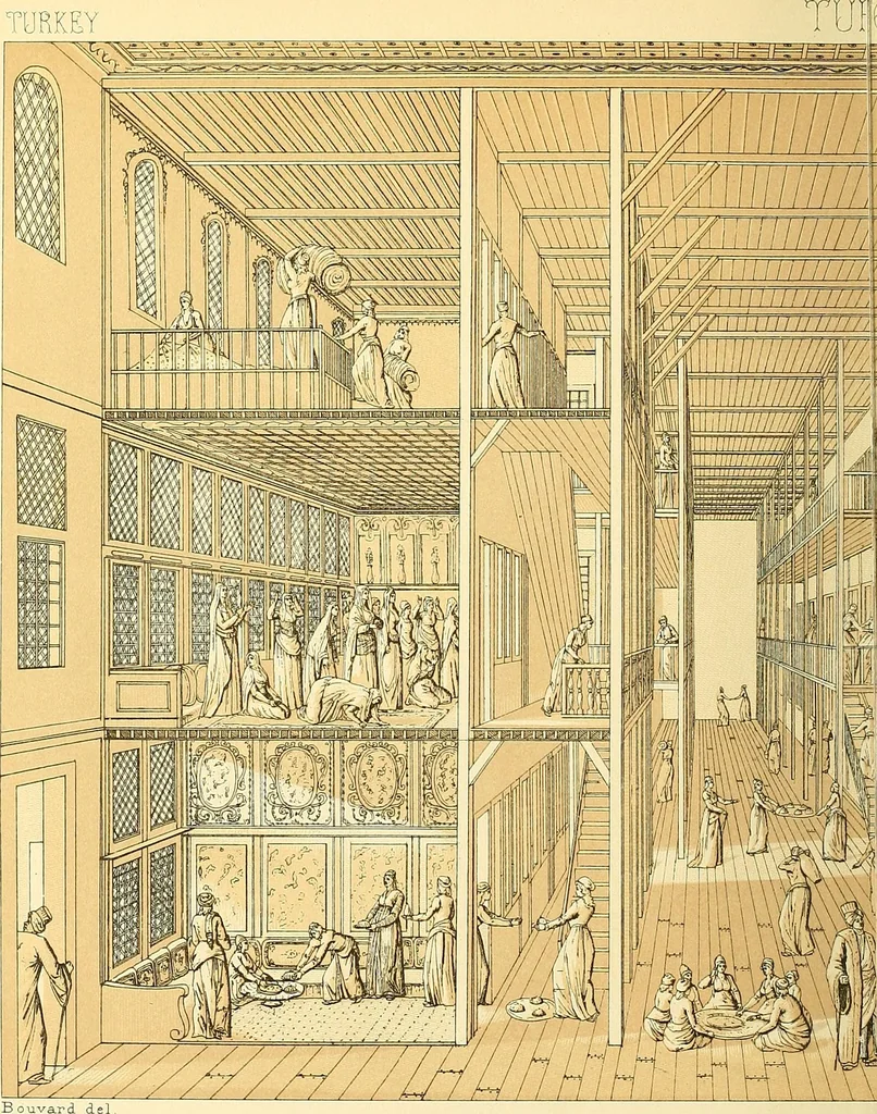 An illustration from Le costume historique. Cinq cents planches, trois cents en couleurs, or et argent, deux cents en camaieu. Types principaux du vêtement et de la parure, rapprochés de ceux de l'intérieur de l'habitation dans tous les temps et chez tous les peuples, avec de nombreux détails sur le mobilier, les armes, les objets usuels, les moyens de transport, etc, 1888, leaf 347