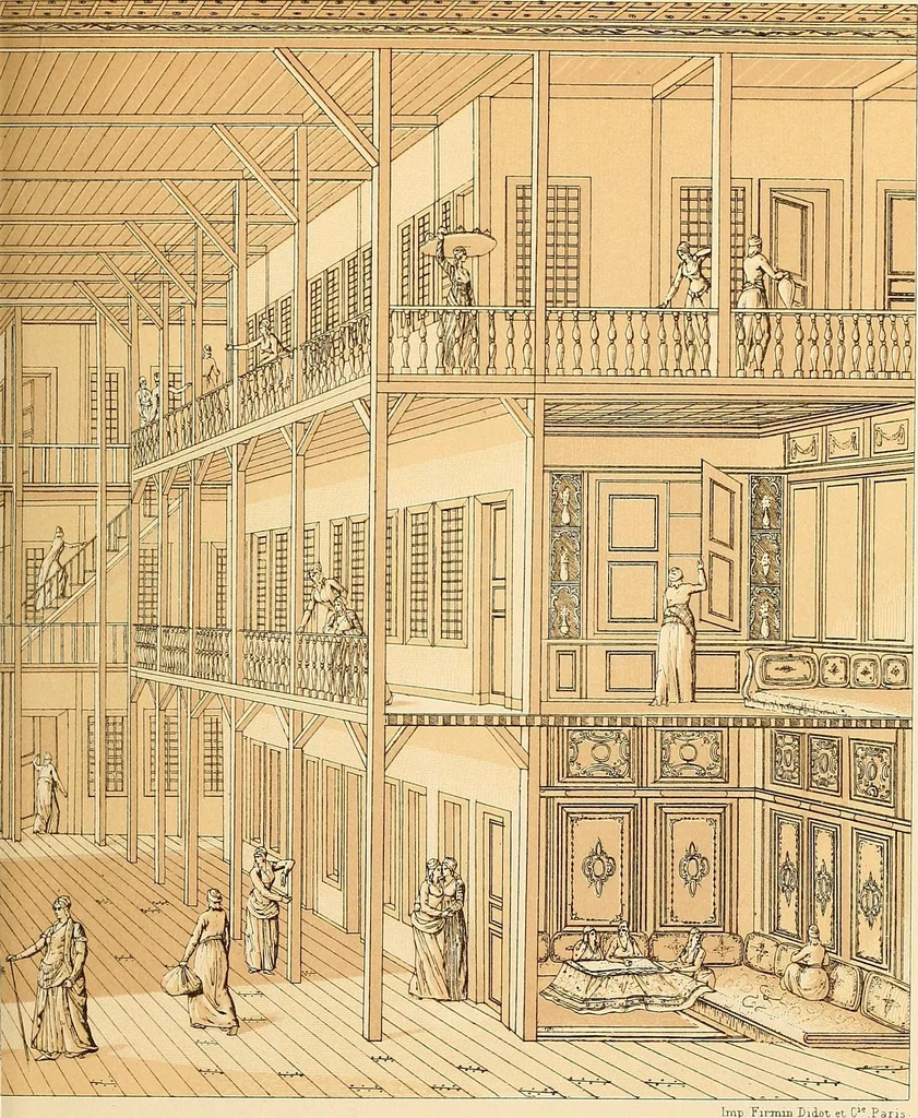 An illustration from Le costume historique. Cinq cents planches, trois cents en couleurs, or et argent, deux cents en camaieu. Types principaux du vêtement et de la parure, rapprochés de ceux de l'intérieur de l'habitation dans tous les temps et chez tous les peuples, avec de nombreux détails sur le mobilier, les armes, les objets usuels, les moyens de transport, etc, 1888, leaf 348