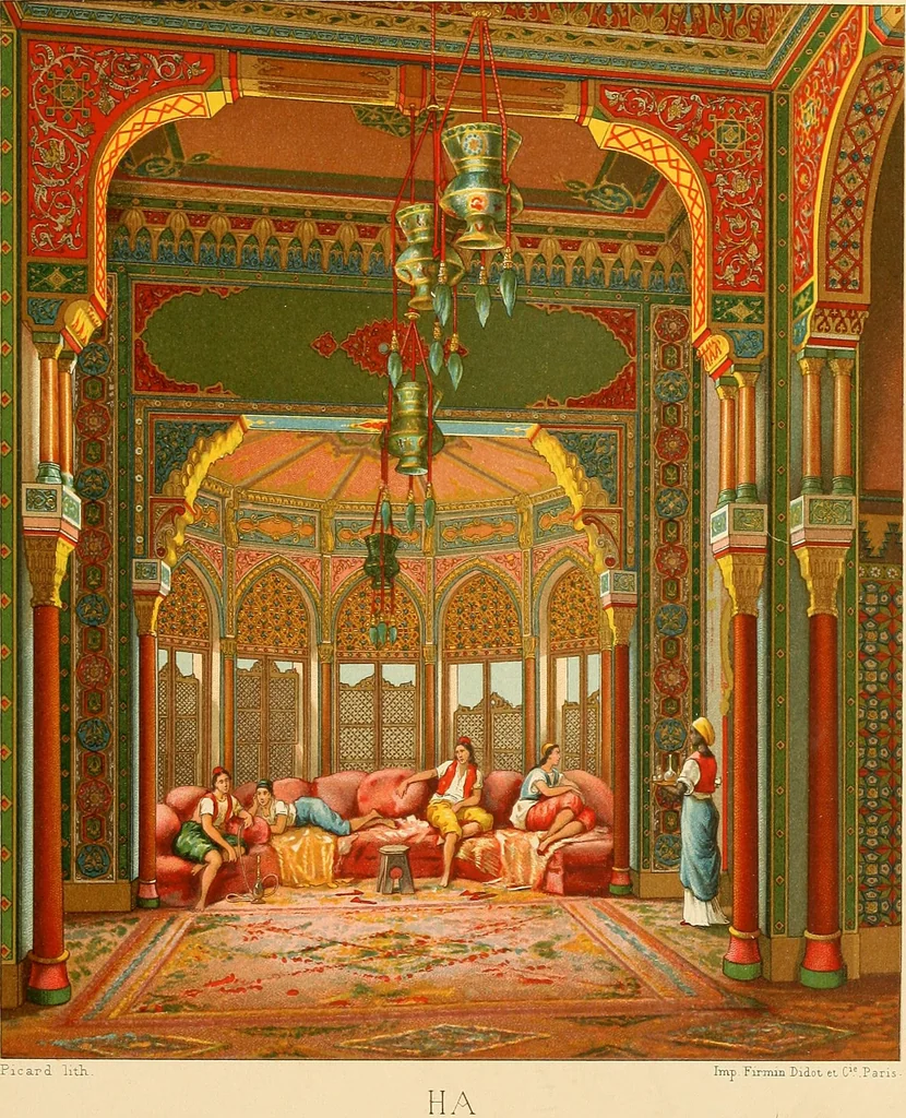 An illustration from Le costume historique. Cinq cents planches, trois cents en couleurs, or et argent, deux cents en camaieu. Types principaux du vêtement et de la parure, rapprochés de ceux de l'intérieur de l'habitation dans tous les temps et chez tous les peuples, avec de nombreux détails sur le mobilier, les armes, les objets usuels, les moyens de transport, etc, 1888, leaf 354
