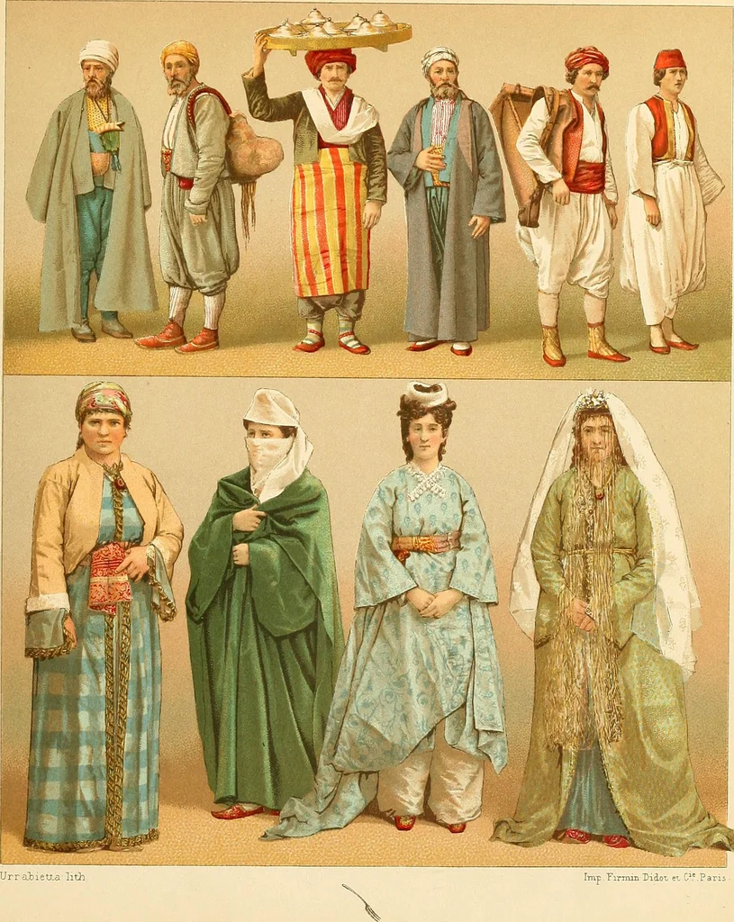 An illustration from Le costume historique. Cinq cents planches, trois cents en couleurs, or et argent, deux cents en camaieu. Types principaux du vêtement et de la parure, rapprochés de ceux de l'intérieur de l'habitation dans tous les temps et chez tous les peuples, avec de nombreux détails sur le mobilier, les armes, les objets usuels, les moyens de transport, etc, 1888, leaf 358
