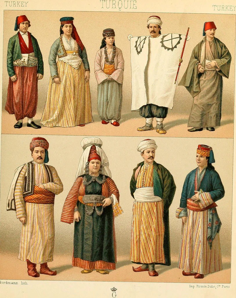 An illustration from Le costume historique. Cinq cents planches, trois cents en couleurs, or et argent, deux cents en camaieu. Types principaux du vêtement et de la parure, rapprochés de ceux de l'intérieur de l'habitation dans tous les temps et chez tous les peuples, avec de nombreux détails sur le mobilier, les armes, les objets usuels, les moyens de transport, etc, 1888, leaf 364