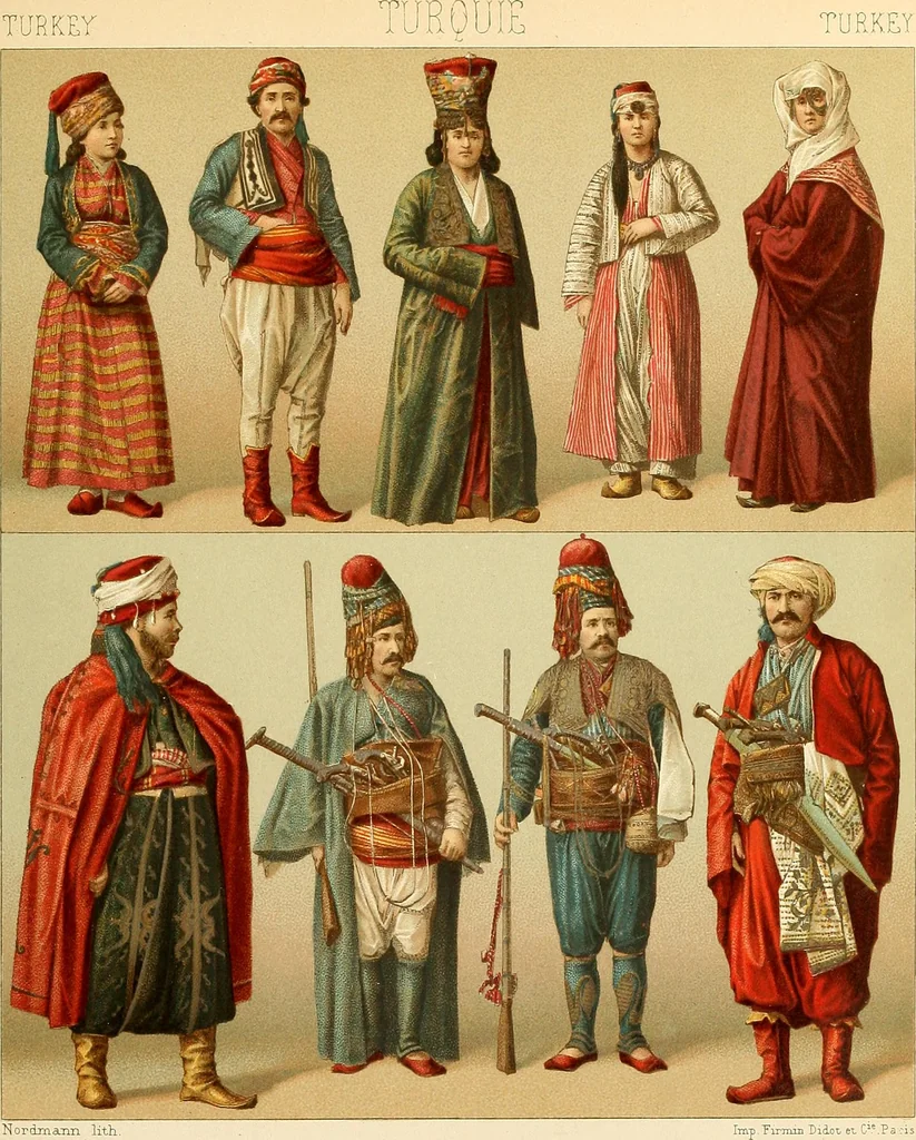 An illustration from Le costume historique. Cinq cents planches, trois cents en couleurs, or et argent, deux cents en camaieu. Types principaux du vêtement et de la parure, rapprochés de ceux de l'intérieur de l'habitation dans tous les temps et chez tous les peuples, avec de nombreux détails sur le mobilier, les armes, les objets usuels, les moyens de transport, etc, 1888, leaf 370