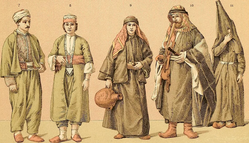 An illustration from Le costume historique. Cinq cents planches, trois cents en couleurs, or et argent, deux cents en camaieu. Types principaux du vêtement et de la parure, rapprochés de ceux de l'intérieur de l'habitation dans tous les temps et chez tous les peuples, avec de nombreux détails sur le mobilier, les armes, les objets usuels, les moyens de transport, etc, 1888, leaf 382