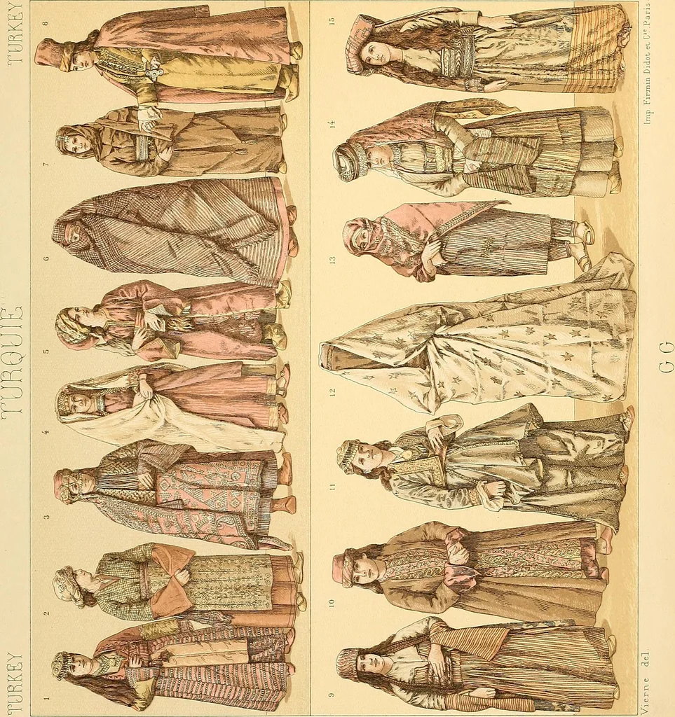 An illustration from Le costume historique. Cinq cents planches, trois cents en couleurs, or et argent, deux cents en camaieu. Types principaux du vêtement et de la parure, rapprochés de ceux de l'intérieur de l'habitation dans tous les temps et chez tous les peuples, avec de nombreux détails sur le mobilier, les armes, les objets usuels, les moyens de transport, etc, 1888, leaf 388