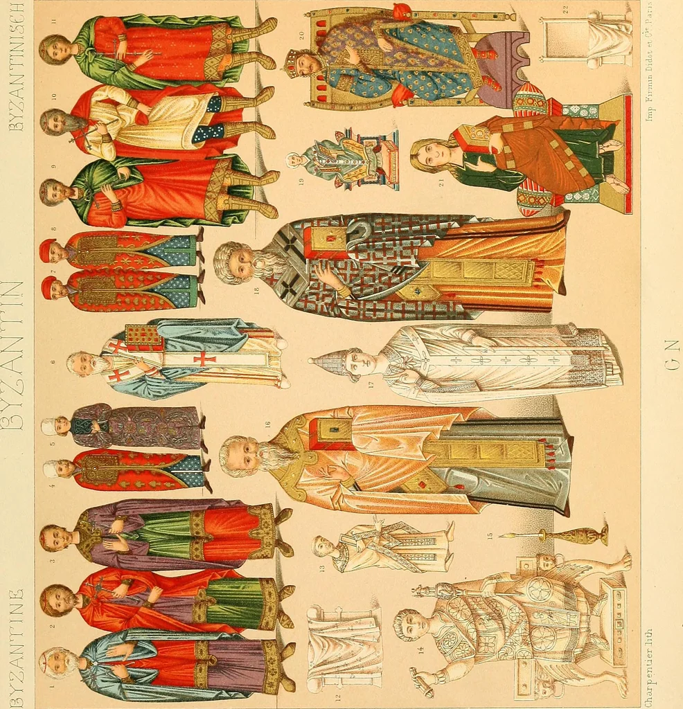An illustration from Le costume historique. Cinq cents planches, trois cents en couleurs, or et argent, deux cents en camaieu. Types principaux du vêtement et de la parure, rapprochés de ceux de l'intérieur de l'habitation dans tous les temps et chez tous les peuples, avec de nombreux détails sur le mobilier, les armes, les objets usuels, les moyens de transport, etc, 1888, leaf 396