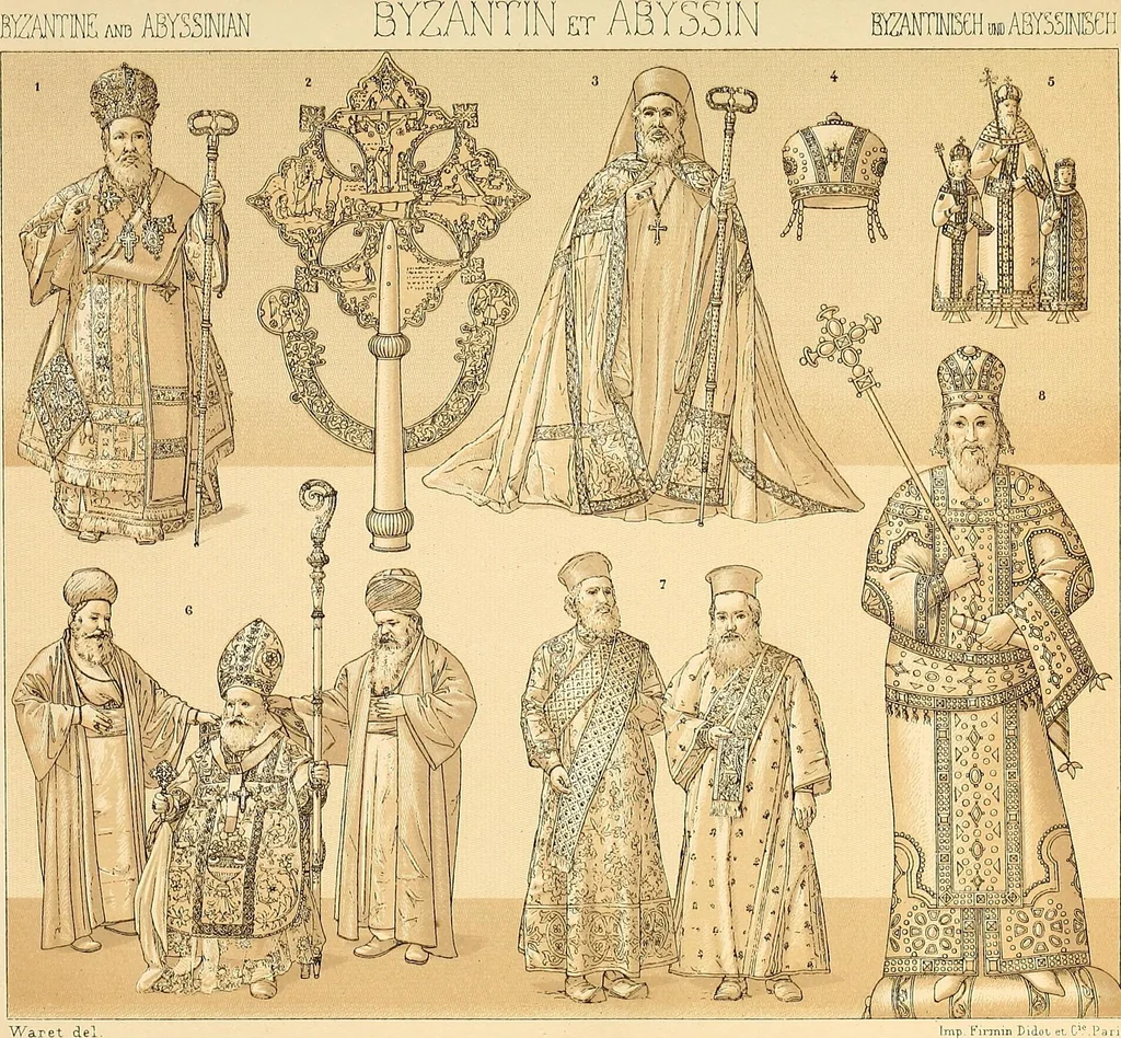 An illustration from Le costume historique. Cinq cents planches, trois cents en couleurs, or et argent, deux cents en camaieu. Types principaux du vêtement et de la parure, rapprochés de ceux de l'intérieur de l'habitation dans tous les temps et chez tous les peuples, avec de nombreux détails sur le mobilier, les armes, les objets usuels, les moyens de transport, etc, 1888, leaf 402