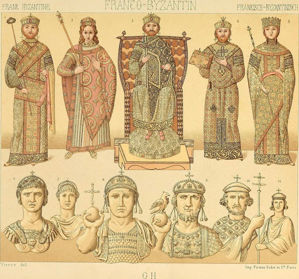 An illustration from Le costume historique. Cinq cents planches, trois cents en couleurs, or et argent, deux cents en camaieu. Types principaux du vêtement et de la parure, rapprochés de ceux de l'intérieur de l'habitation dans tous les temps et chez tous les peuples, avec de nombreux détails sur le mobilier, les armes, les objets usuels, les moyens de transport, etc, 1888, leaf 408