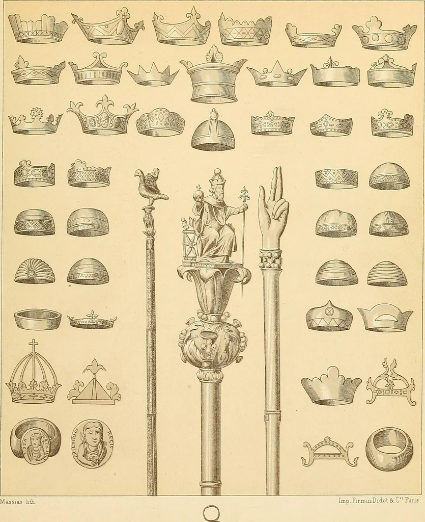 An illustration from Le costume historique. Cinq cents planches, trois cents en couleurs, or et argent, deux cents en camaieu. Types principaux du vêtement et de la parure, rapprochés de ceux de l'intérieur de l'habitation dans tous les temps et chez tous les peuples, avec de nombreux détails sur le mobilier, les armes, les objets usuels, les moyens de transport, etc, 1888, leaf 414