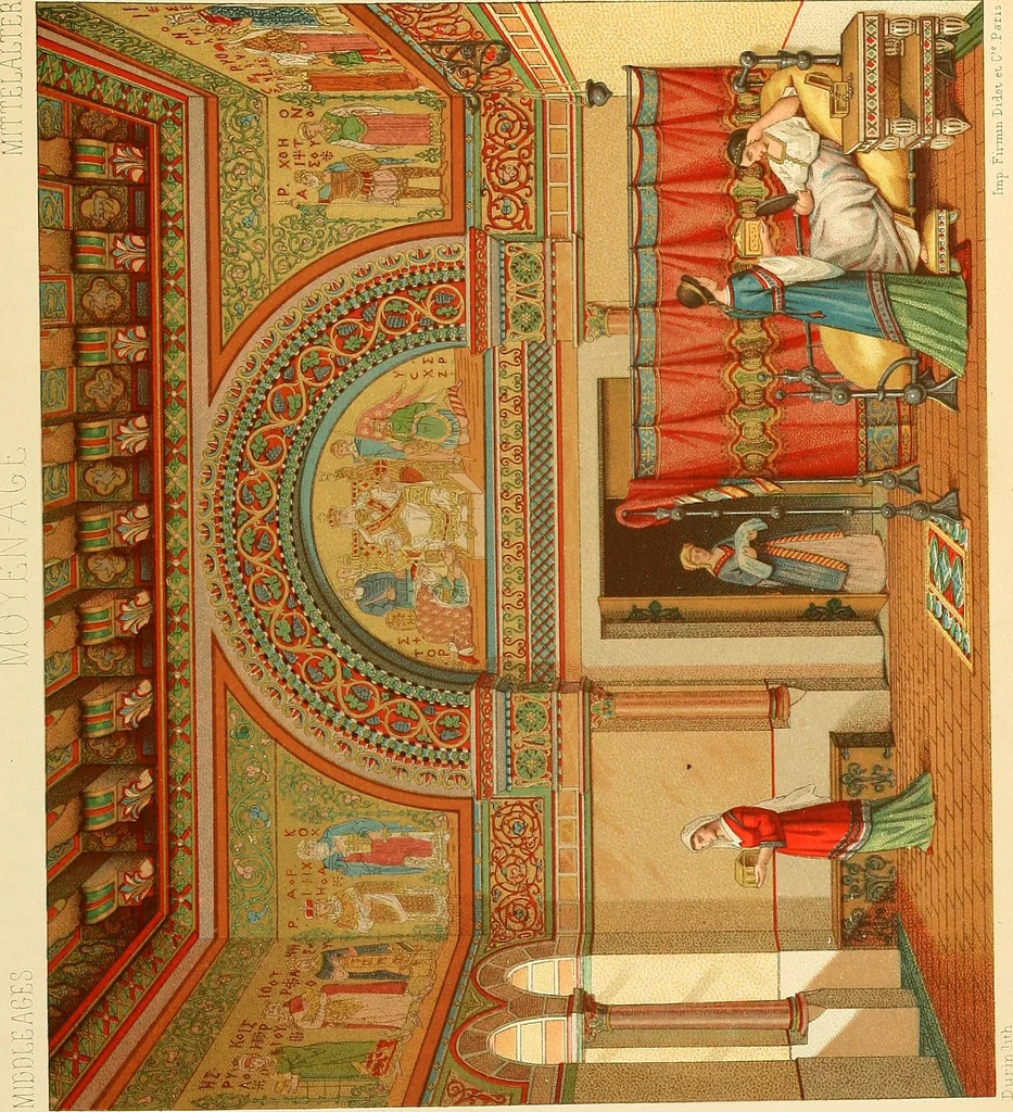 An illustration from Le costume historique. Cinq cents planches, trois cents en couleurs, or et argent, deux cents en camaieu. Types principaux du vêtement et de la parure, rapprochés de ceux de l'intérieur de l'habitation dans tous les temps et chez tous les peuples, avec de nombreux détails sur le mobilier, les armes, les objets usuels, les moyens de transport, etc, 1888, leaf 418