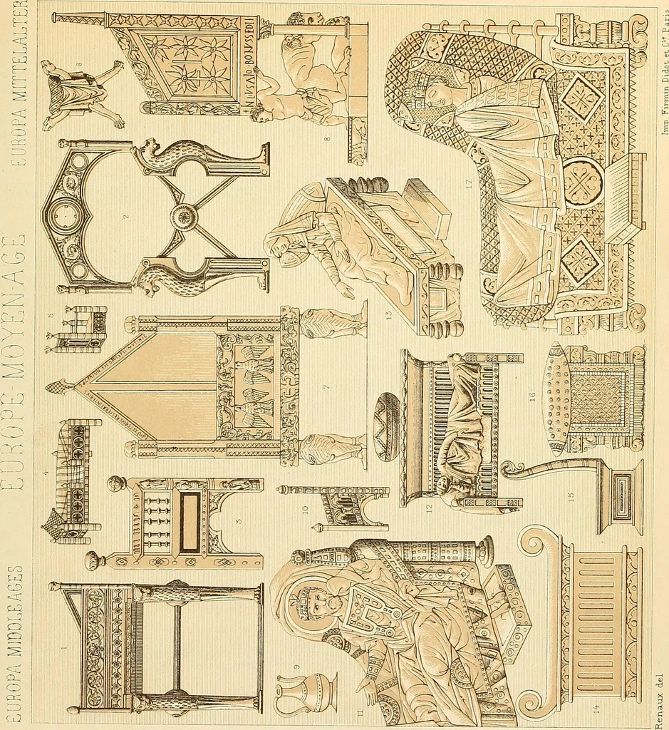 An illustration from Le costume historique. Cinq cents planches, trois cents en couleurs, or et argent, deux cents en camaieu. Types principaux du vêtement et de la parure, rapprochés de ceux de l'intérieur de l'habitation dans tous les temps et chez tous les peuples, avec de nombreux détails sur le mobilier, les armes, les objets usuels, les moyens de transport, etc, 1888, leaf 424