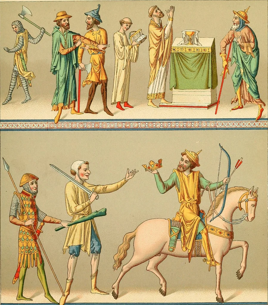 An illustration from Le costume historique. Cinq cents planches, trois cents en couleurs, or et argent, deux cents en camaieu. Types principaux du vêtement et de la parure, rapprochés de ceux de l'intérieur de l'habitation dans tous les temps et chez tous les peuples, avec de nombreux détails sur le mobilier, les armes, les objets usuels, les moyens de transport, etc, 1888, leaf 430