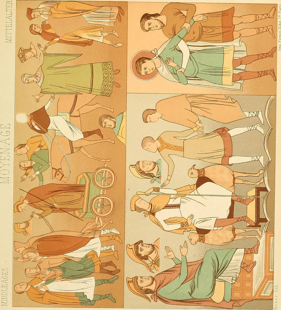 An illustration from Le costume historique. Cinq cents planches, trois cents en couleurs, or et argent, deux cents en camaieu. Types principaux du vêtement et de la parure, rapprochés de ceux de l'intérieur de l'habitation dans tous les temps et chez tous les peuples, avec de nombreux détails sur le mobilier, les armes, les objets usuels, les moyens de transport, etc, 1888, leaf 434