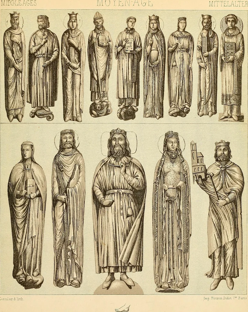 An illustration from Le costume historique. Cinq cents planches, trois cents en couleurs, or et argent, deux cents en camaieu. Types principaux du vêtement et de la parure, rapprochés de ceux de l'intérieur de l'habitation dans tous les temps et chez tous les peuples, avec de nombreux détails sur le mobilier, les armes, les objets usuels, les moyens de transport, etc, 1888, leaf 440