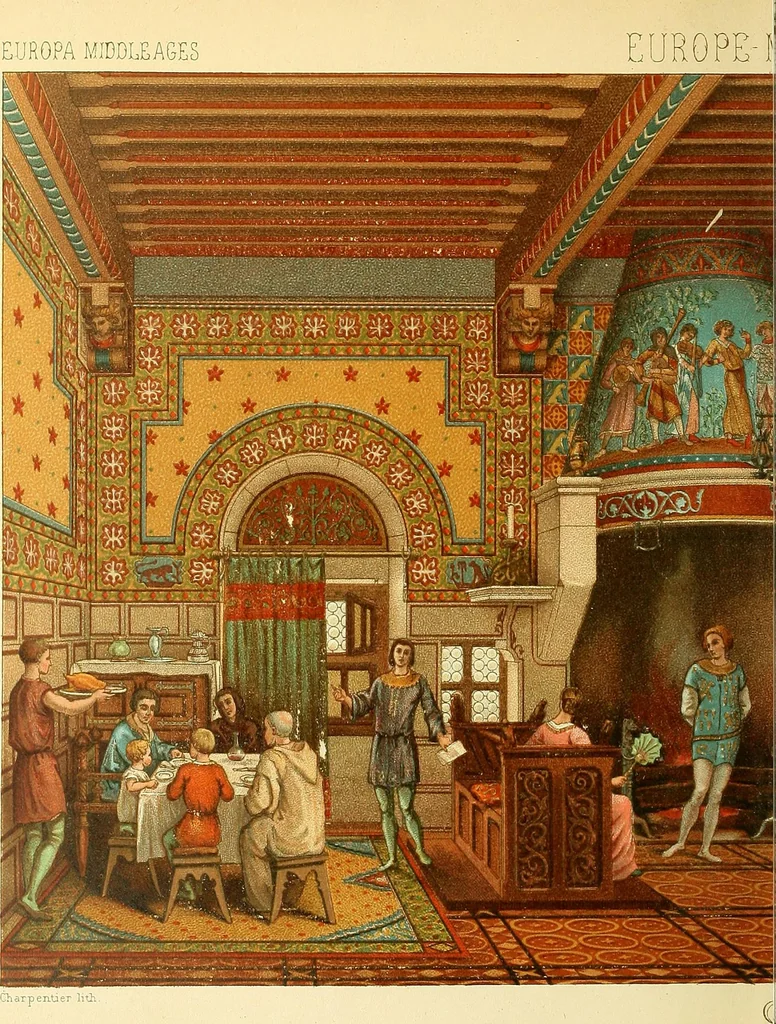 An illustration from Le costume historique. Cinq cents planches, trois cents en couleurs, or et argent, deux cents en camaieu. Types principaux du vêtement et de la parure, rapprochés de ceux de l'intérieur de l'habitation dans tous les temps et chez tous les peuples, avec de nombreux détails sur le mobilier, les armes, les objets usuels, les moyens de transport, etc, 1888, leaf 447