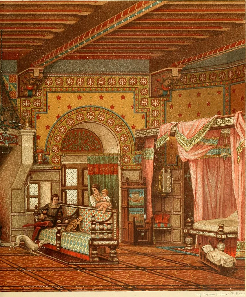 An illustration from Le costume historique. Cinq cents planches, trois cents en couleurs, or et argent, deux cents en camaieu. Types principaux du vêtement et de la parure, rapprochés de ceux de l'intérieur de l'habitation dans tous les temps et chez tous les peuples, avec de nombreux détails sur le mobilier, les armes, les objets usuels, les moyens de transport, etc, 1888, leaf 448