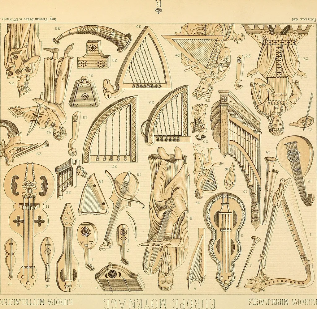 An illustration from Le costume historique. Cinq cents planches, trois cents en couleurs, or et argent, deux cents en camaieu. Types principaux du vêtement et de la parure, rapprochés de ceux de l'intérieur de l'habitation dans tous les temps et chez tous les peuples, avec de nombreux détails sur le mobilier, les armes, les objets usuels, les moyens de transport, etc, 1888, leaf 454