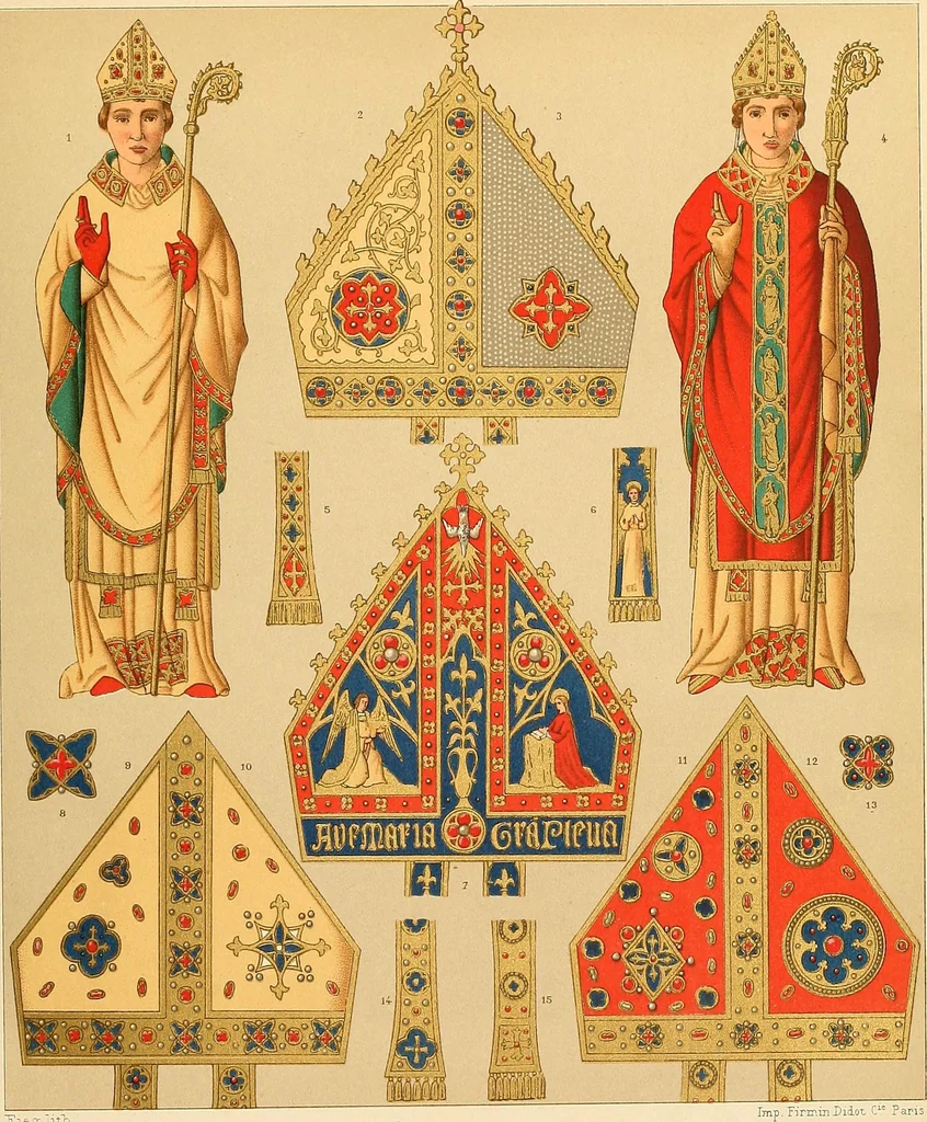 An illustration from Le costume historique. Cinq cents planches, trois cents en couleurs, or et argent, deux cents en camaieu. Types principaux du vêtement et de la parure, rapprochés de ceux de l'intérieur de l'habitation dans tous les temps et chez tous les peuples, avec de nombreux détails sur le mobilier, les armes, les objets usuels, les moyens de transport, etc, 1888, leaf 460
