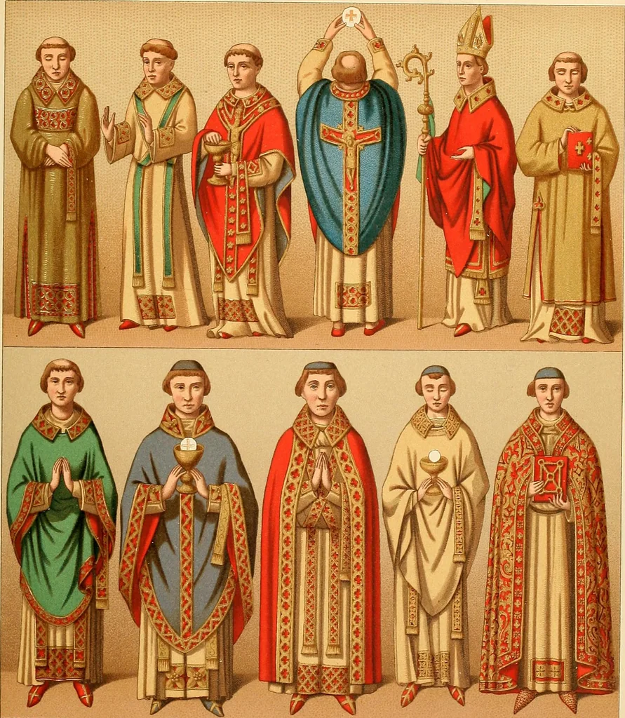 An illustration from Le costume historique. Cinq cents planches, trois cents en couleurs, or et argent, deux cents en camaieu. Types principaux du vêtement et de la parure, rapprochés de ceux de l'intérieur de l'habitation dans tous les temps et chez tous les peuples, avec de nombreux détails sur le mobilier, les armes, les objets usuels, les moyens de transport, etc, 1888, leaf 466